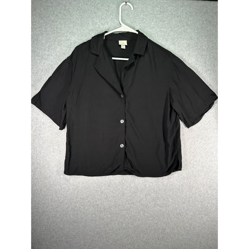 A New Day Black Short Sleeve Button Down Camp Shirt Womens Small Cropped Relaxed